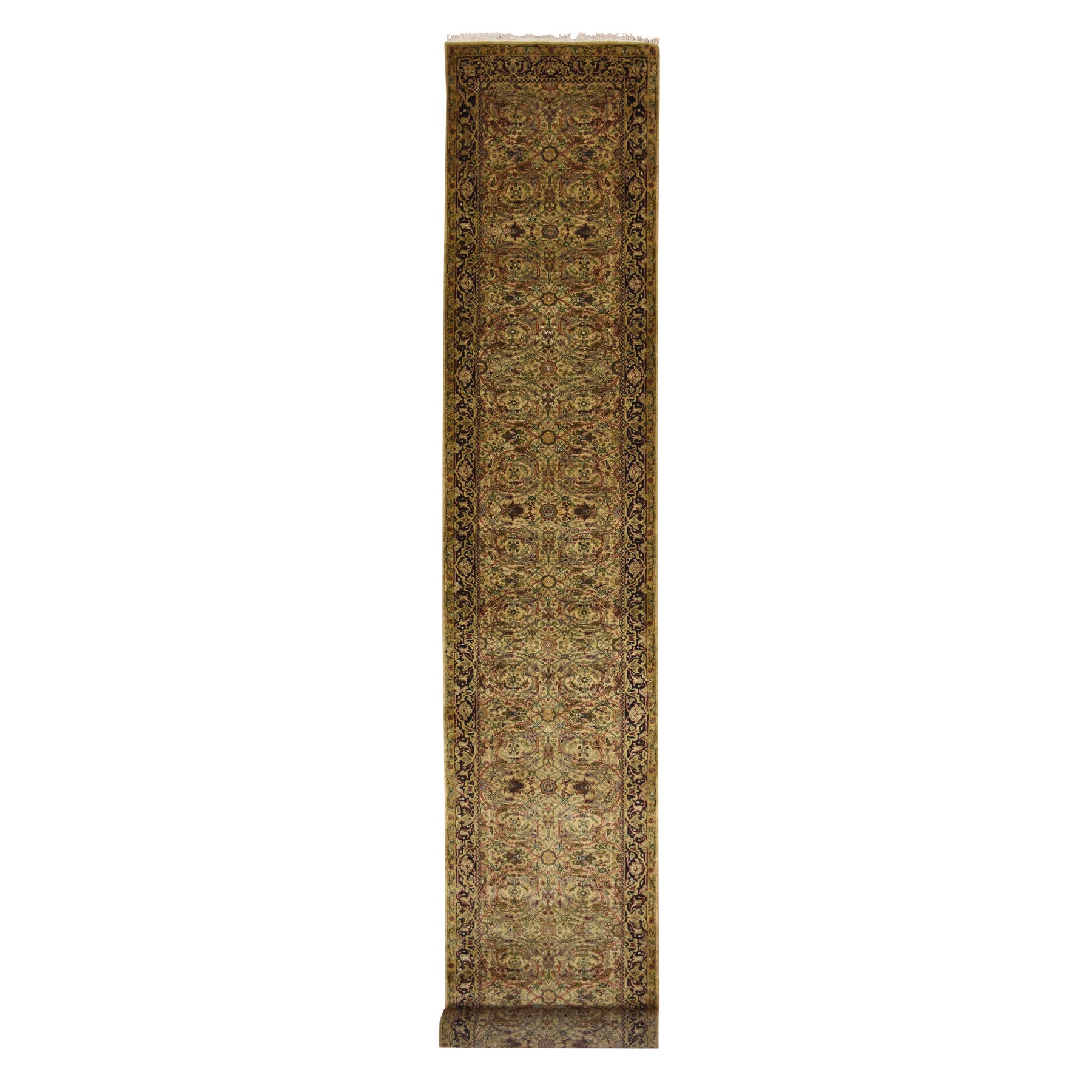 Golden Yellow, Rajasthan with All Over Leaf Design, Hand Knotted, Densely Woven, 100% Wool, Thick and Plush, XL Runner, Oriental Rug